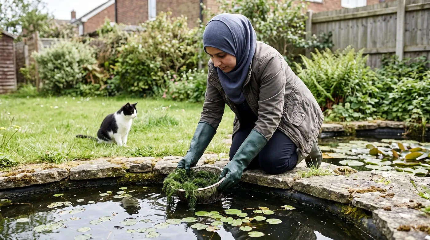 Gardener lowering a basket of hornwort into a garden pond with frogbit floating on the surface