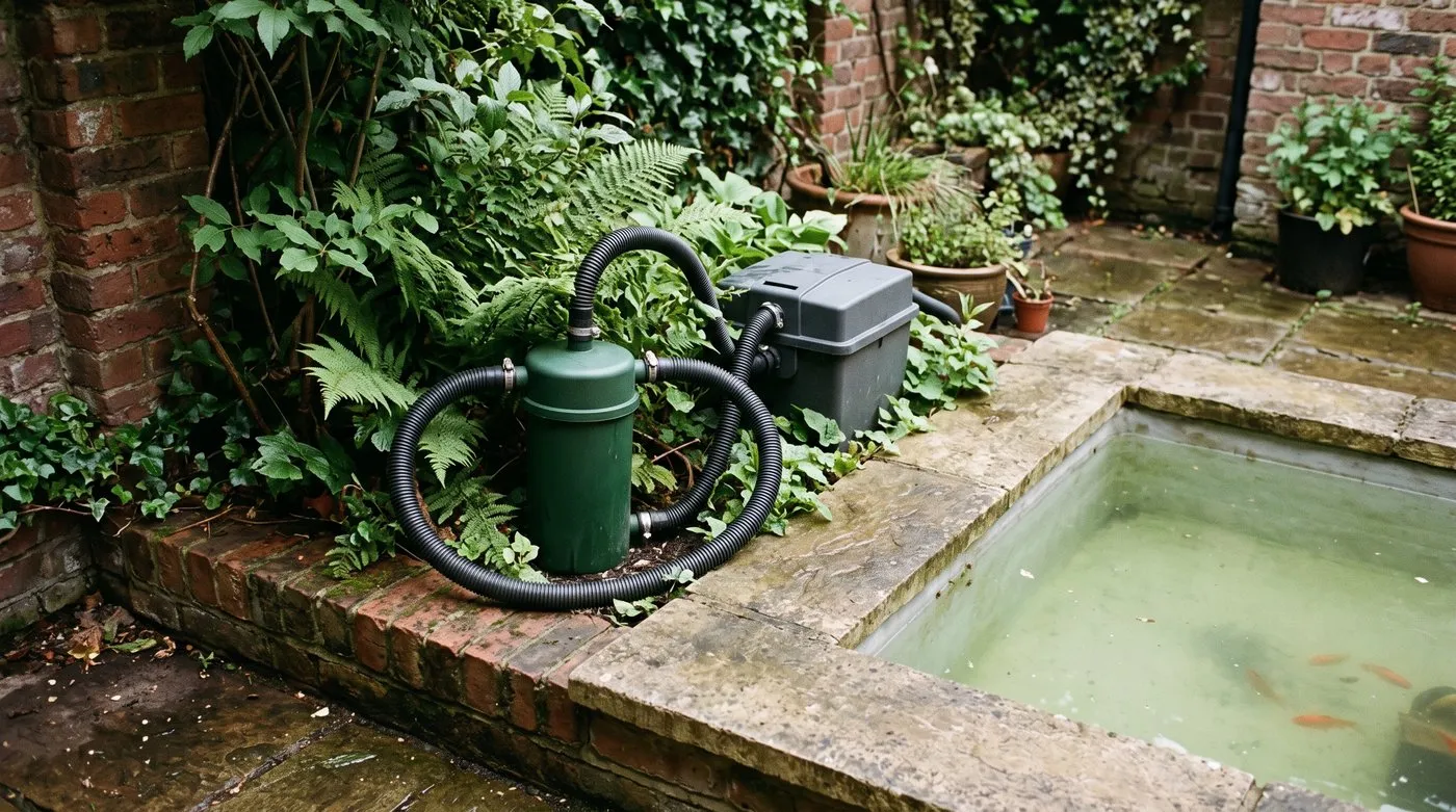 Unbranded UV clarifier and pond filter connected by hoses beside a small courtyard fish pond