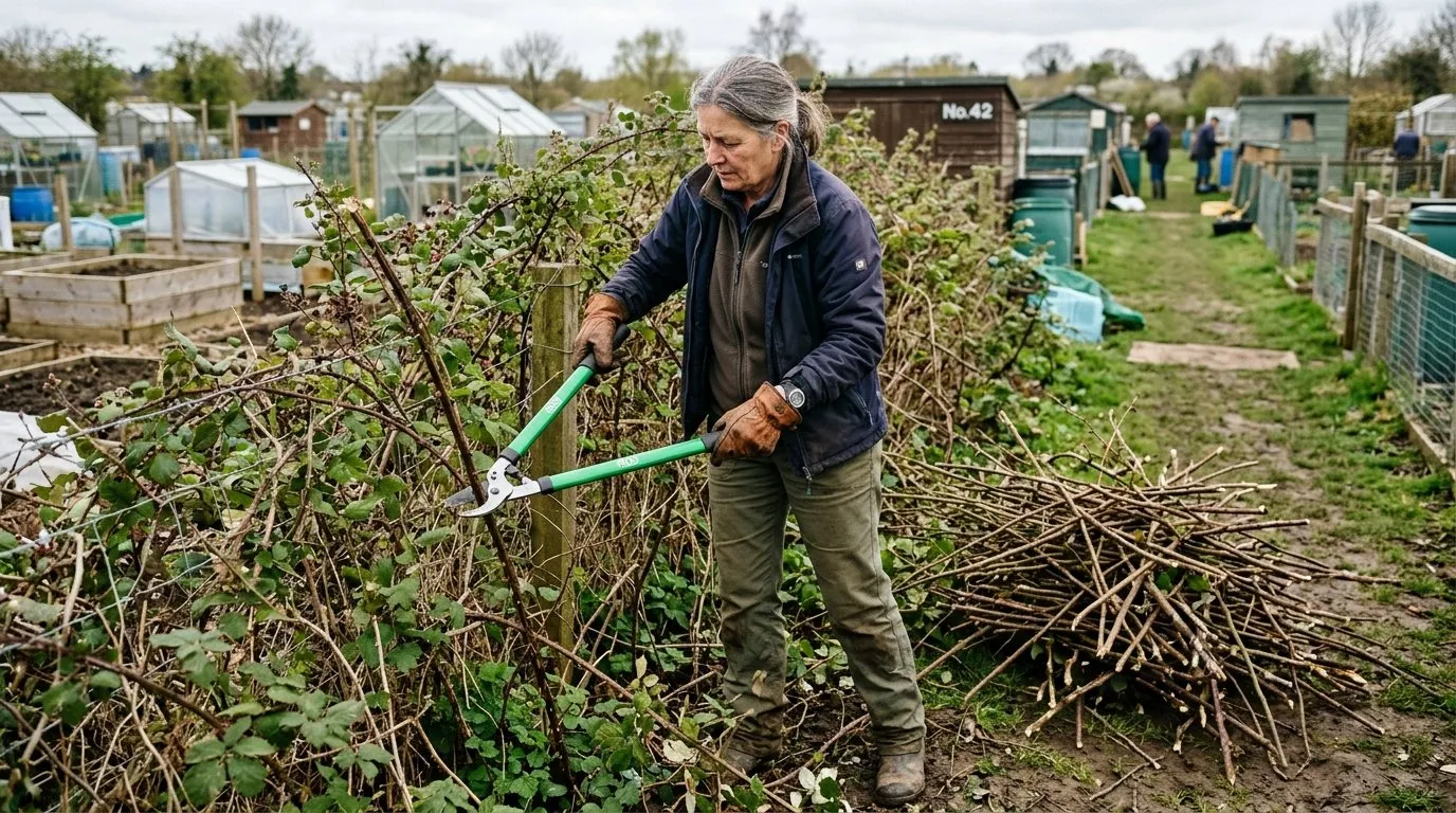 Person clearing brambles from an overgrown allotment plot using long loppers and thick leather gloves