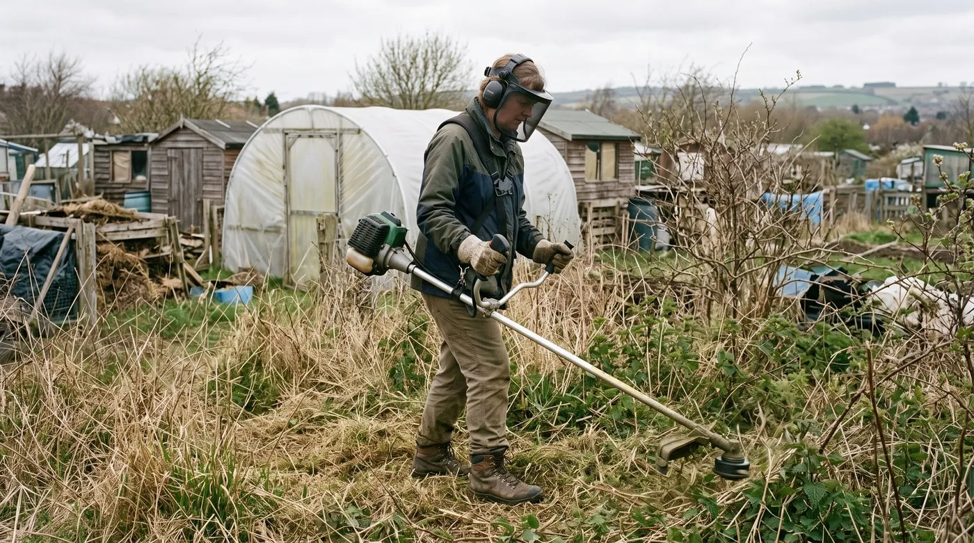 Woman in a face visor and ear defenders cutting tall weeds on an allotment with a brushcutter