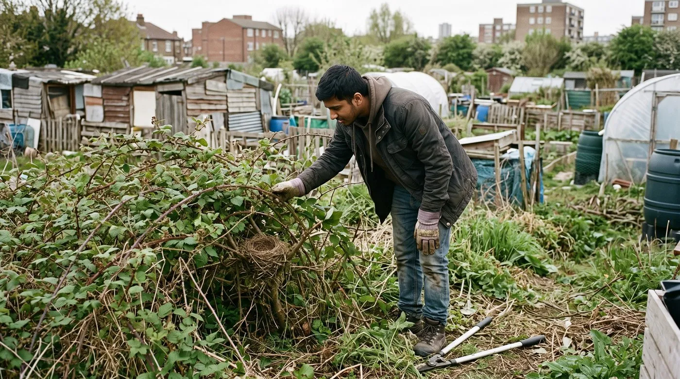 Plot holder parting bramble stems to check for a bird nest before clearing an allotment