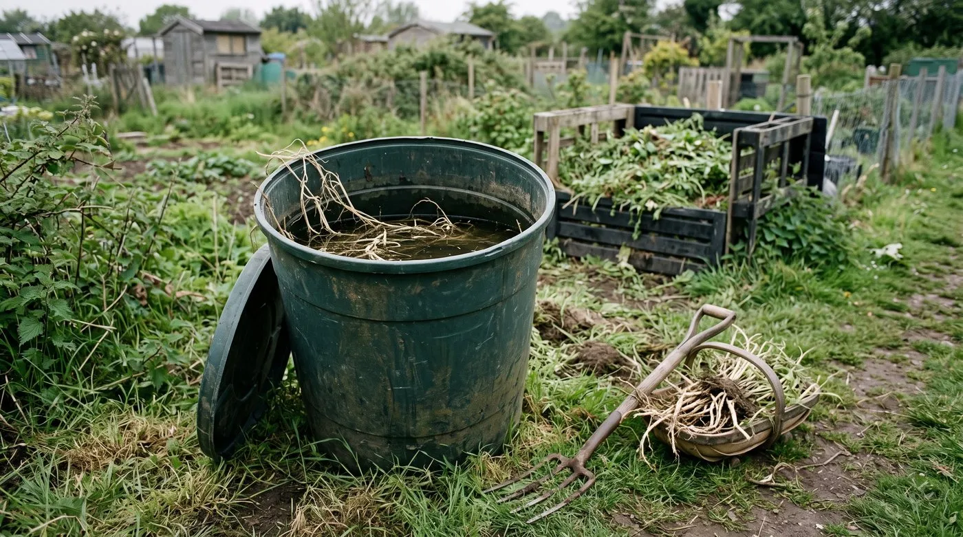 Perennial weed roots soaking in a barrel of water on an allotment beside a trug of pulled roots