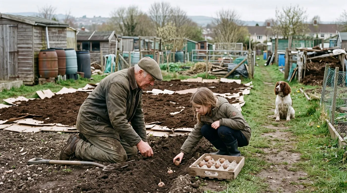 Grandfather and granddaughter planting seed potatoes in a cleared allotment patch beside cardboard-covered ground
