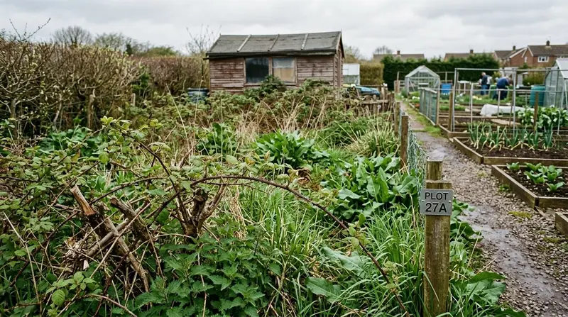 Overgrown UK allotment plot with brambles, nettles, and tall grass before clearing