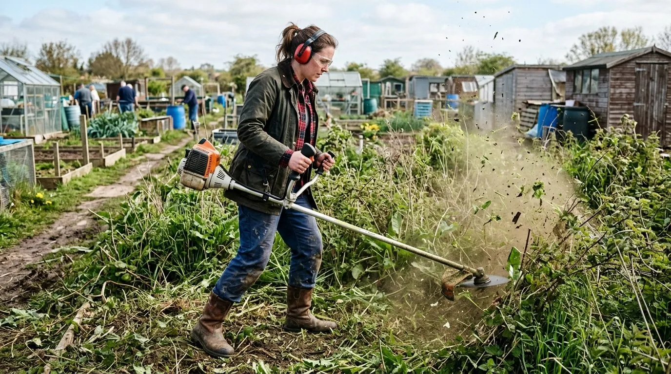 Petrol strimmer with brushcutter blade cutting back tall vegetation on an overgrown allotment