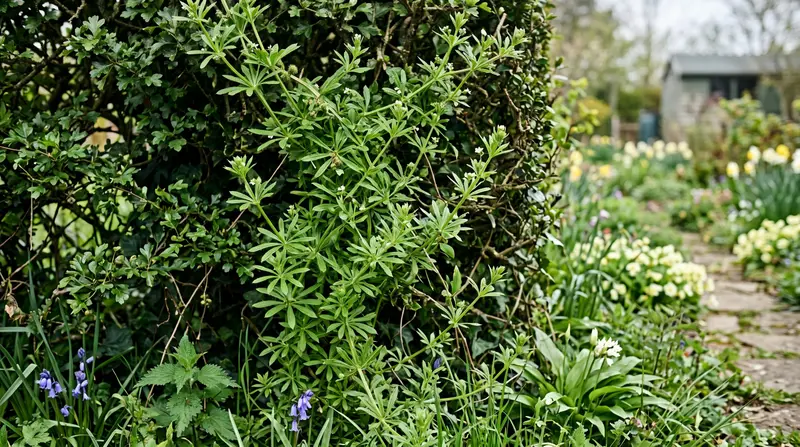 A UK garden border in early spring showing cleavers (Sticky Willy) Galium aparine plants scrambling up over a hedge with the