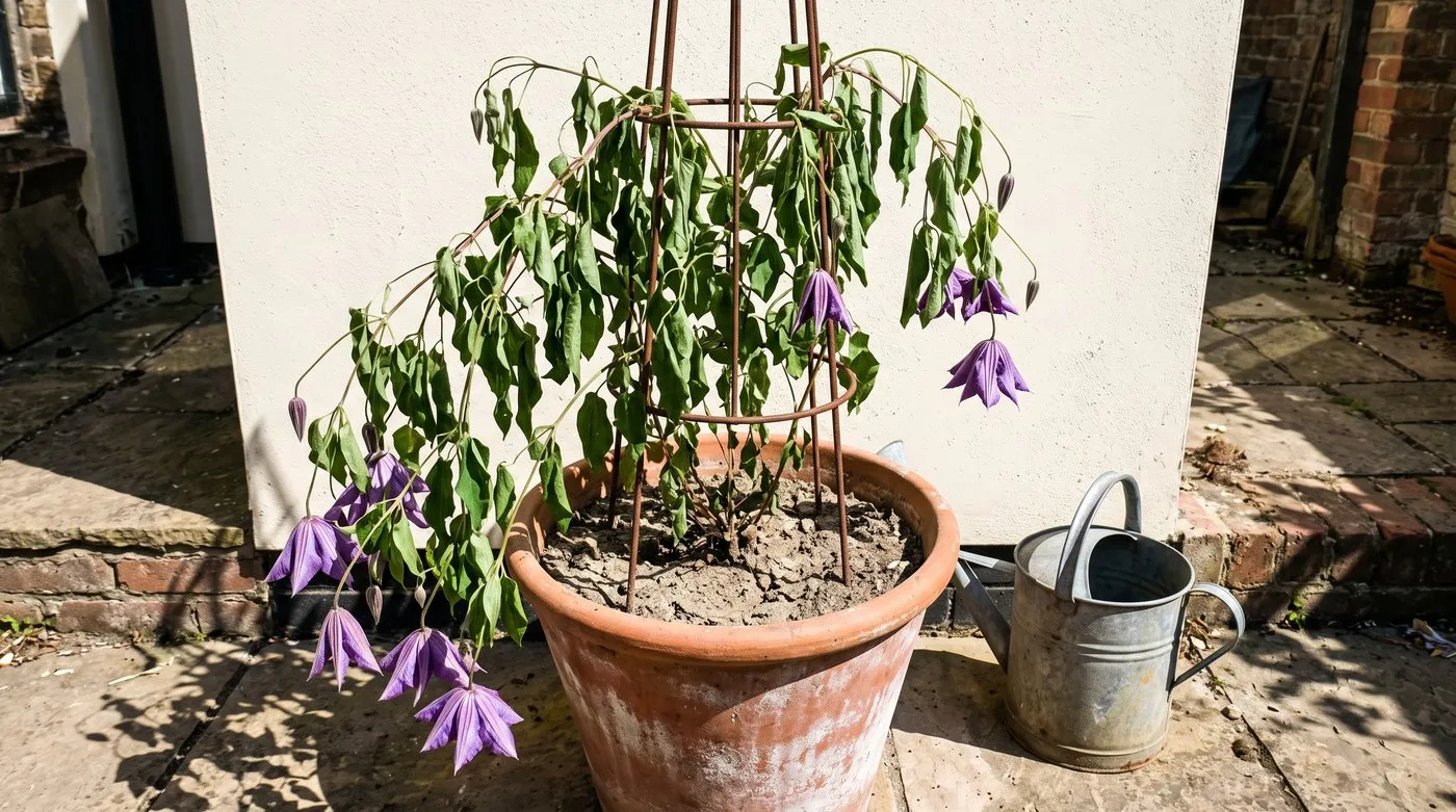 Potted purple clematis with limp, drooping green leaves on a hot sunny courtyard patio