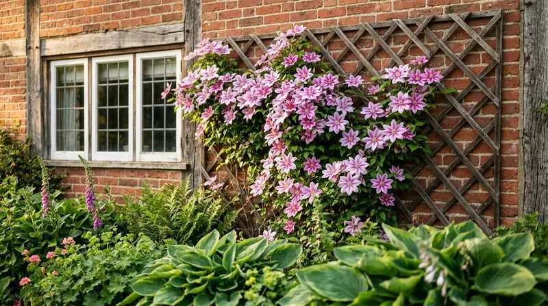 Climbing clematis Nelly Moser in full pink-and-white bloom on a UK cottage wall