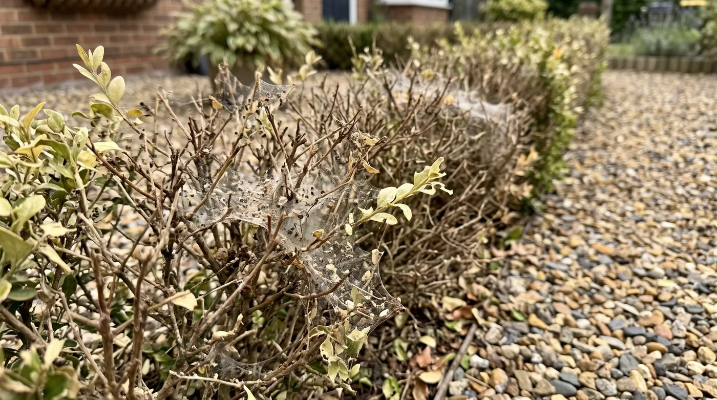 Low box hedge with stripped brown patches and silk webbing from box tree moth caterpillars