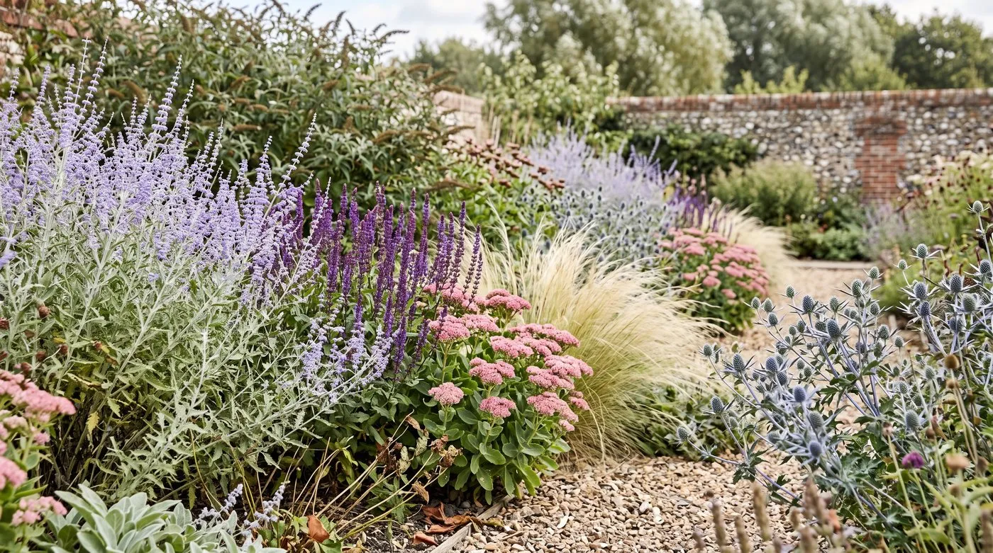 Dry sunny border of Russian sage, purple salvia, sedum, Stipa grass and blue sea holly on gravel