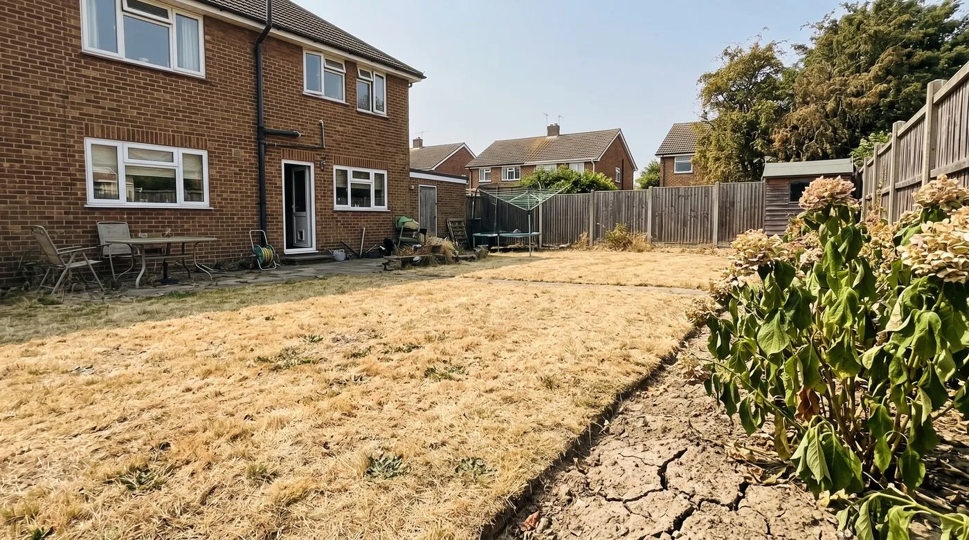 Parched brown lawn and wilting hydrangea in a suburban back garden during a summer heatwave