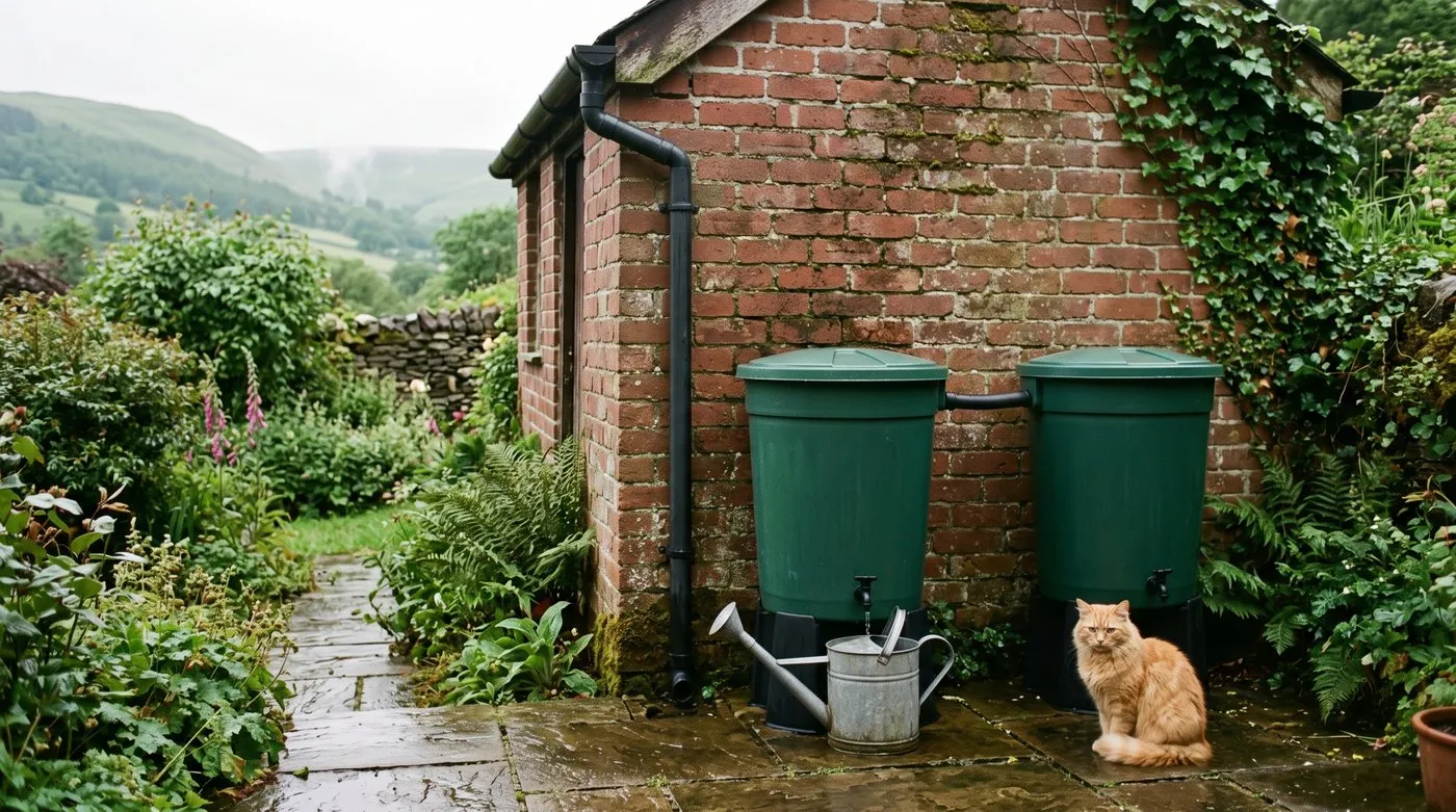 Two linked green water butts beside a brick shed with a watering can under the tap and a ginger cat nearby