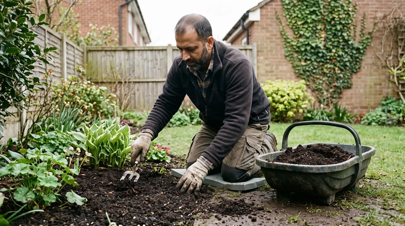 Man spreading a thick layer of compost mulch around perennials in a spring border