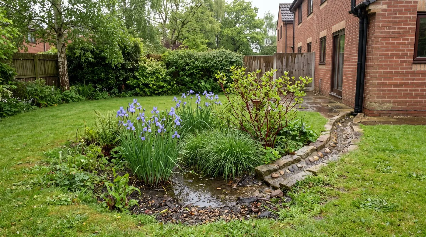 Shallow rain garden planted with Siberian iris, sedges and dogwood, fed by a channel from a downpipe