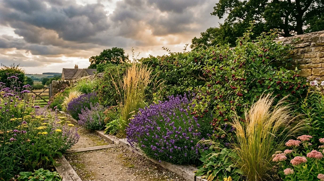 Climate resilient UK garden border combining native hawthorn with Mediterranean lavender and ornamental grasses