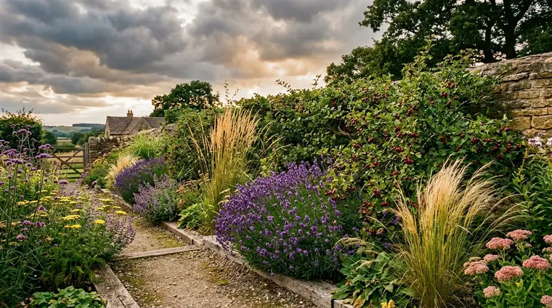 Climate resilient UK garden border combining native hawthorn with Mediterranean lavender and ornamental grasses