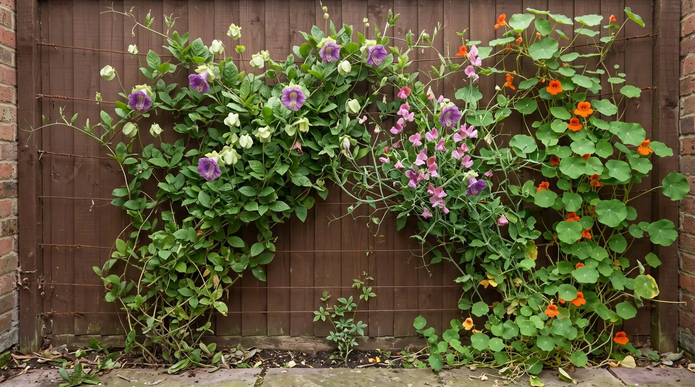 A panel fence covered in cup-and-saucer vine, sweet peas and nasturtiums in a small courtyard