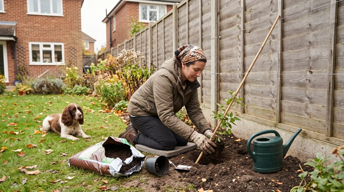 A gardener planting a young clematis a little way out from a fence, with a cane leading to the wires