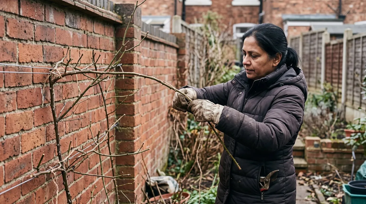 Gardener tying climbing rose stems flat along wall wires in late winter so it flowers all along each stem