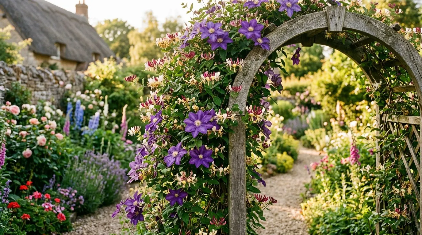 Climbing clematis and honeysuckle growing together on a wooden garden arch in an English cottage garden in full summer bloom