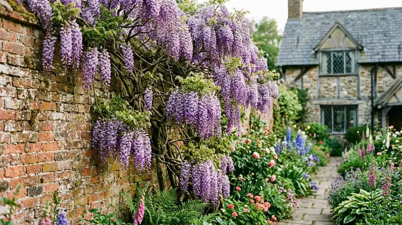 A mature climbing wisteria in full purple bloom cascading over an old brick garden wall in soft morning light