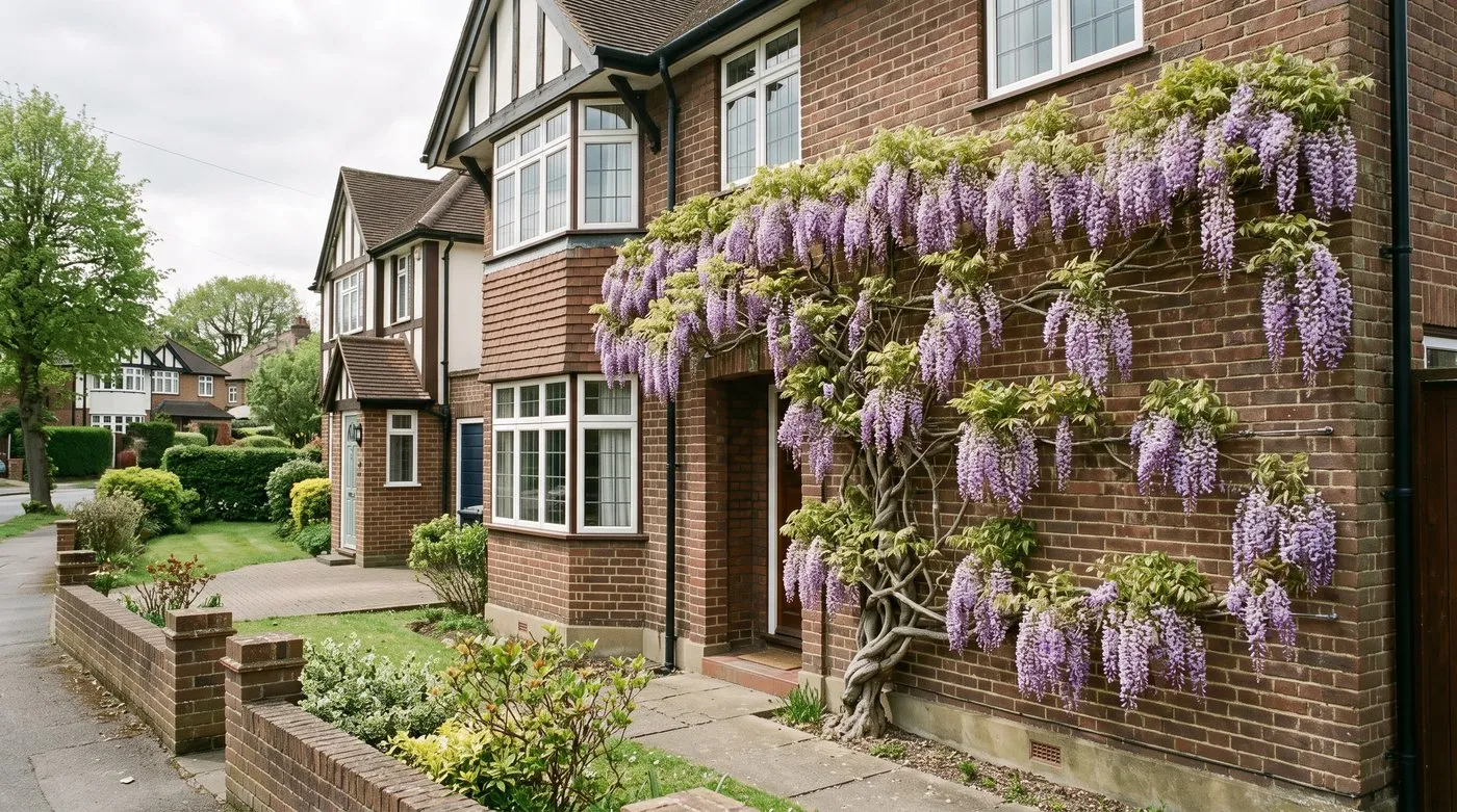 Purple wisteria climbing plant in full flower on wires across a sunny brick house wall in May