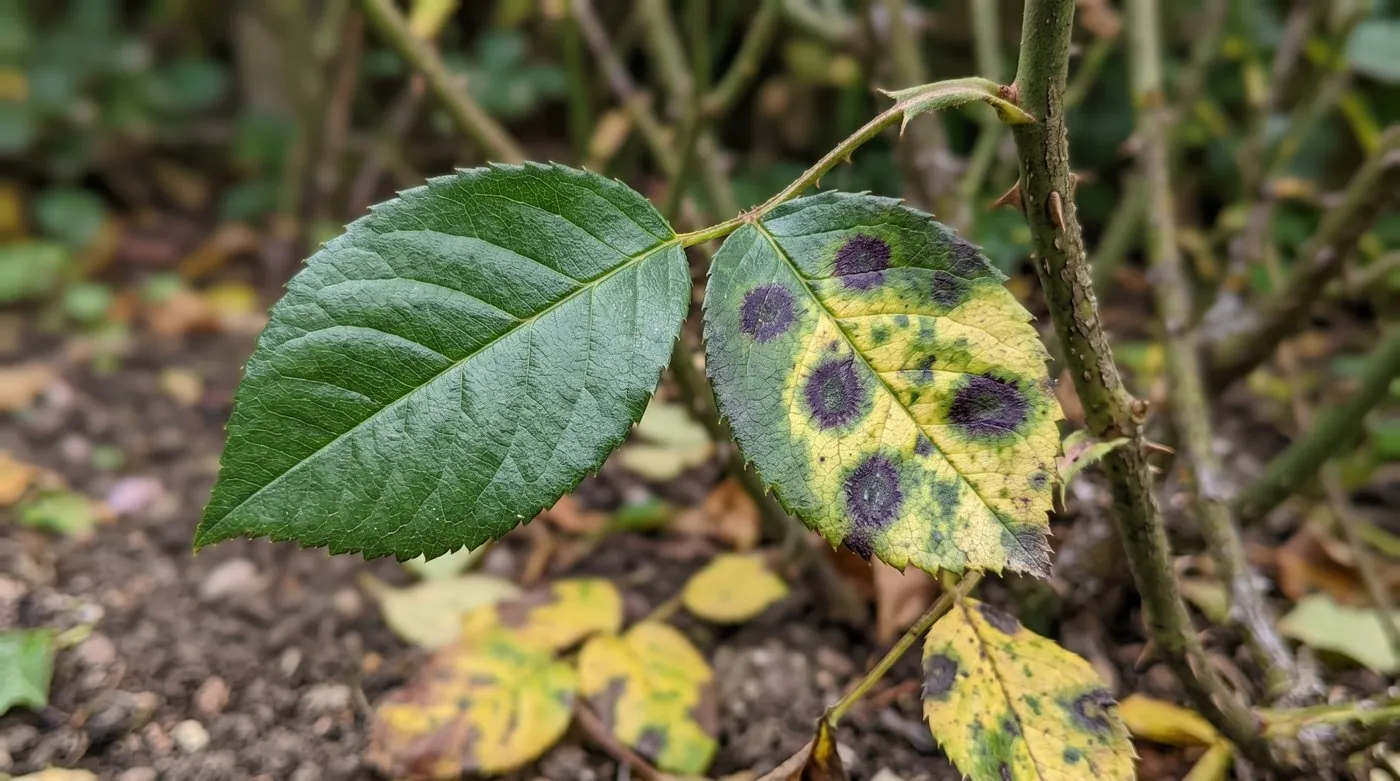Climbing rose leaves showing blackspot with round black blotches and yellowing beside a healthy green leaf