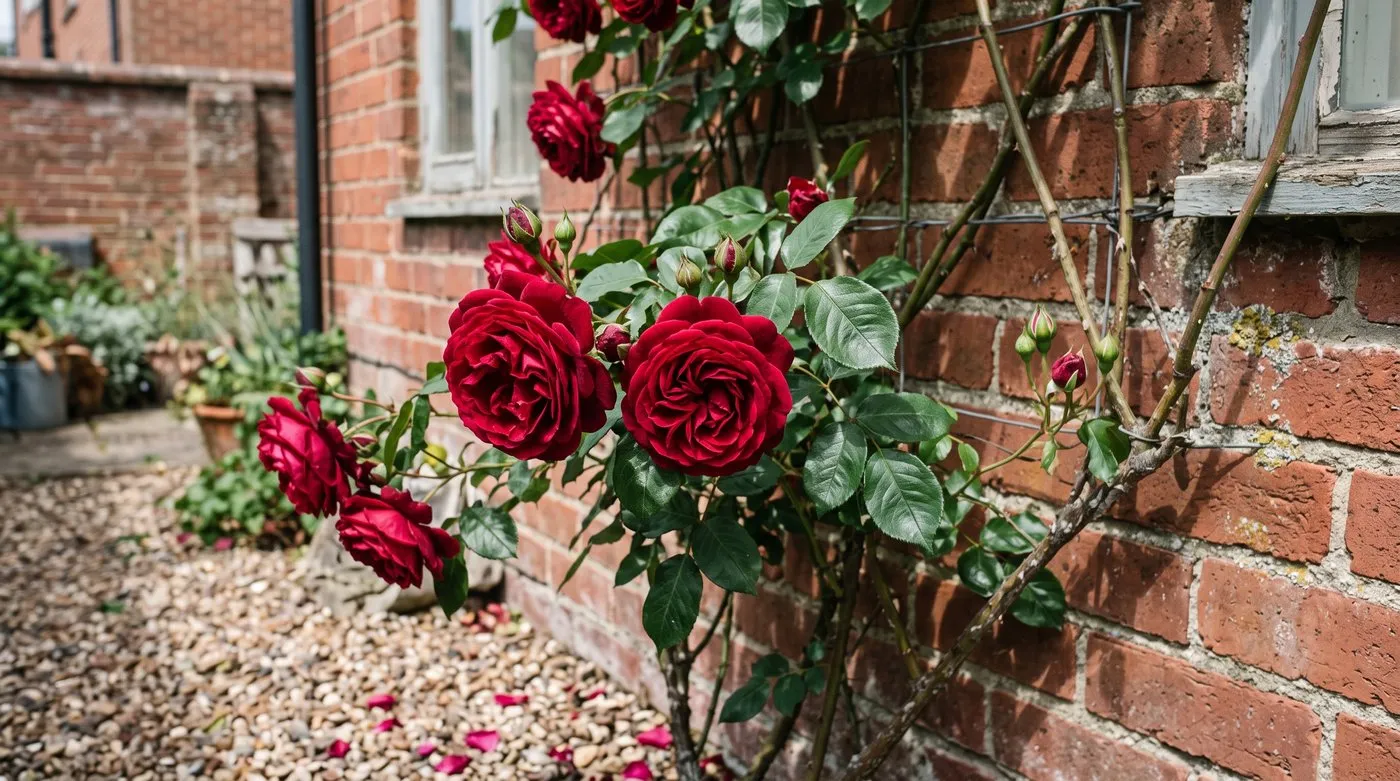 Deep crimson scented climbing rose in flower on a sunny south-facing brick wall