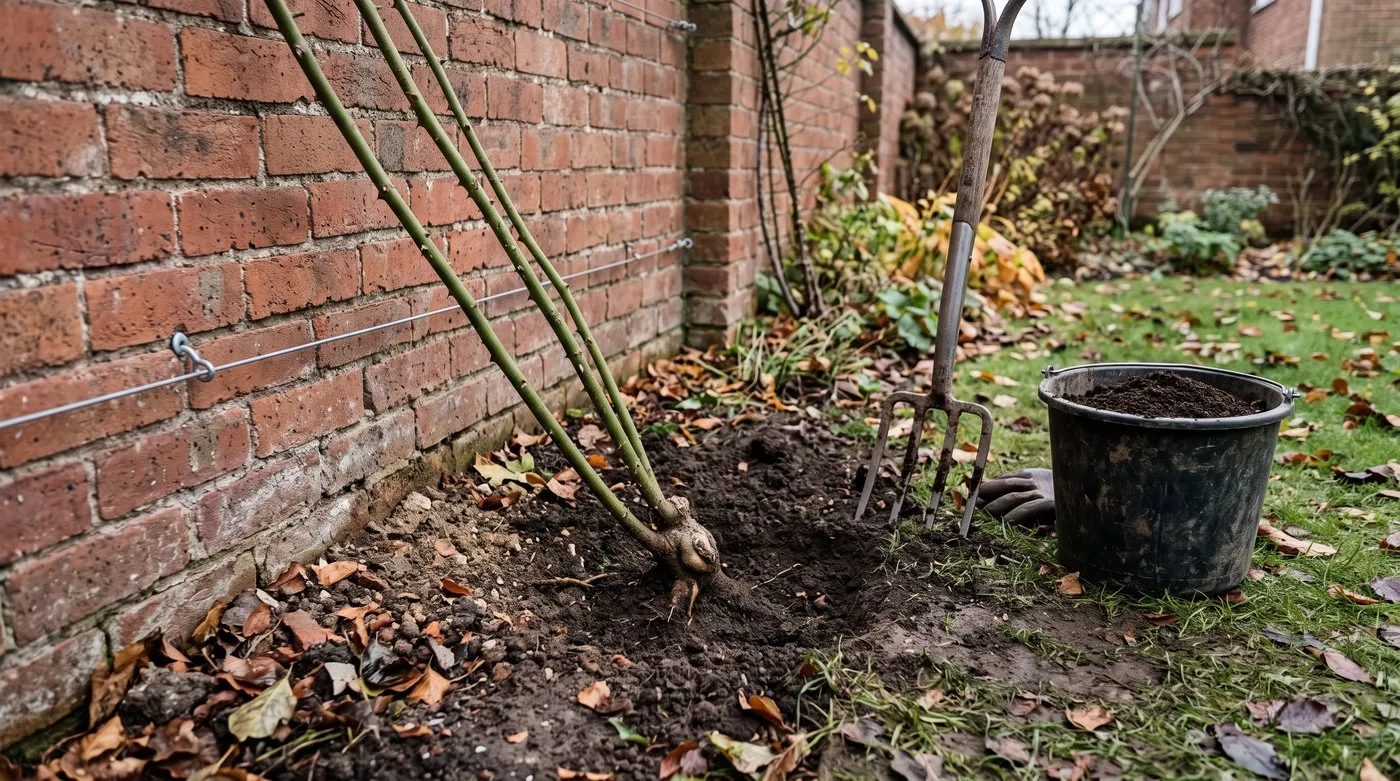 Climbing rose planted 45cm out from a wall, leaning towards its wires with the graft union at soil level