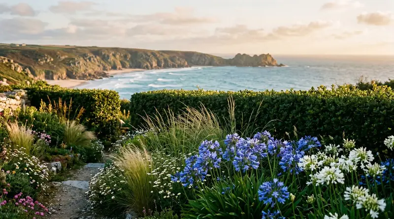 A sheltered coastal garden on the Cornish coast with layered grasses and agapanthus