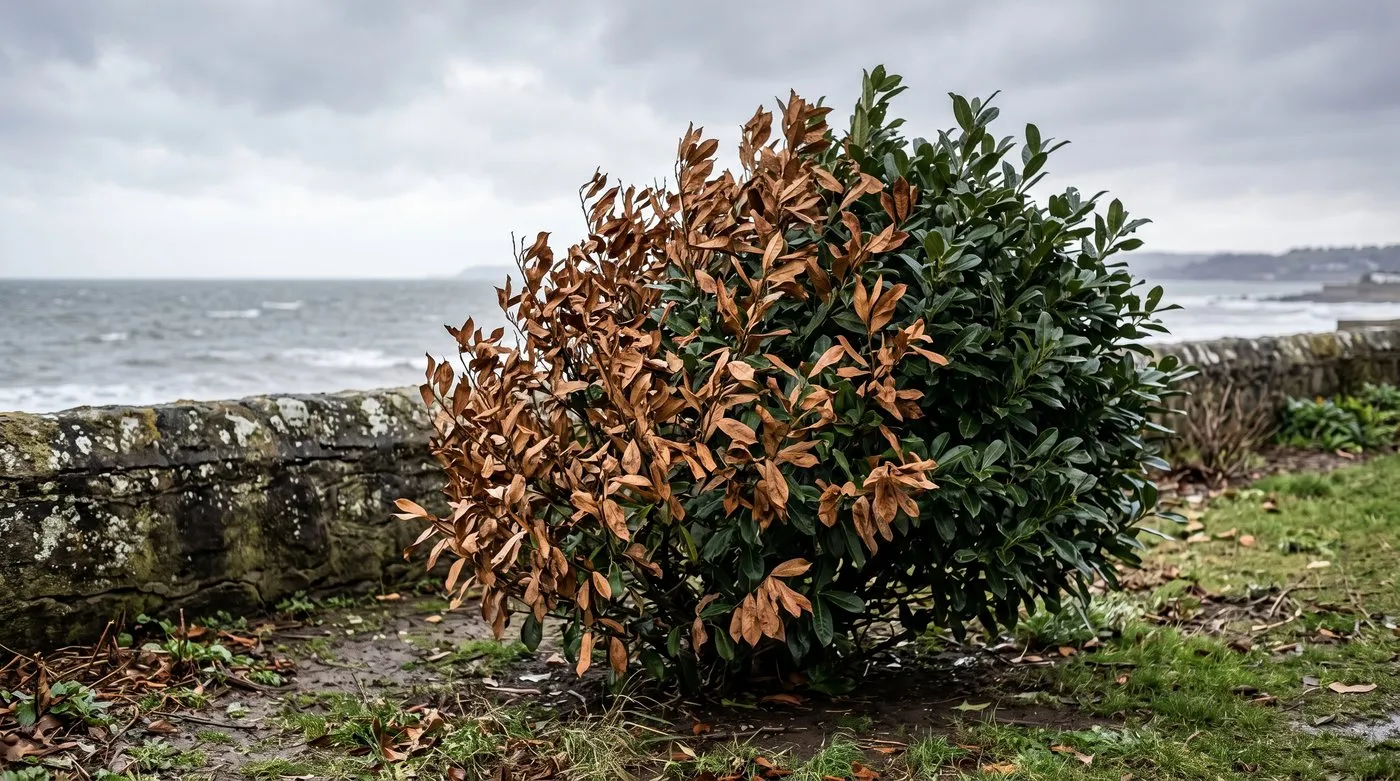 Salt-scorched brown leaves on the seaward side of a broad-leaved shrub in a UK coastal garden