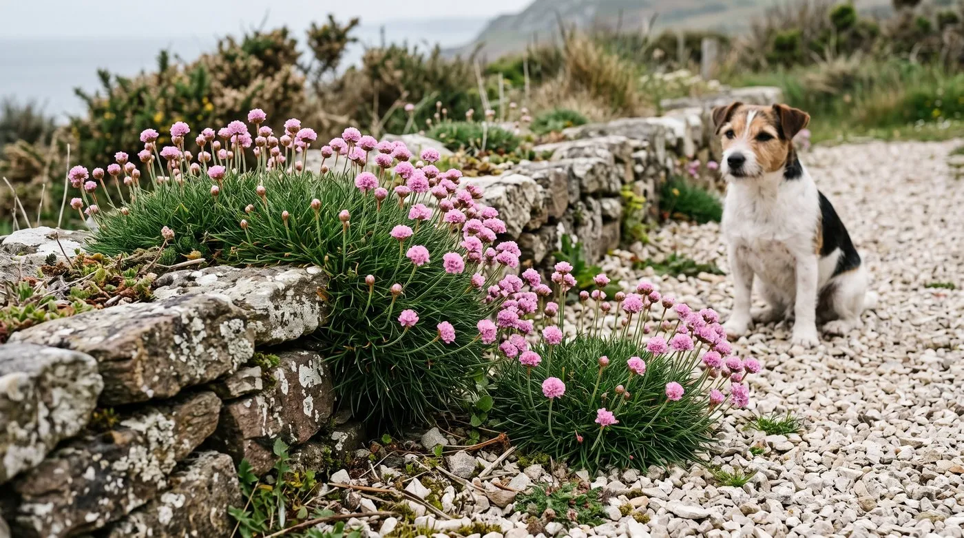 Pink sea thrift cushions growing in a dry stone wall and gravel in a Welsh coastal garden with a terrier