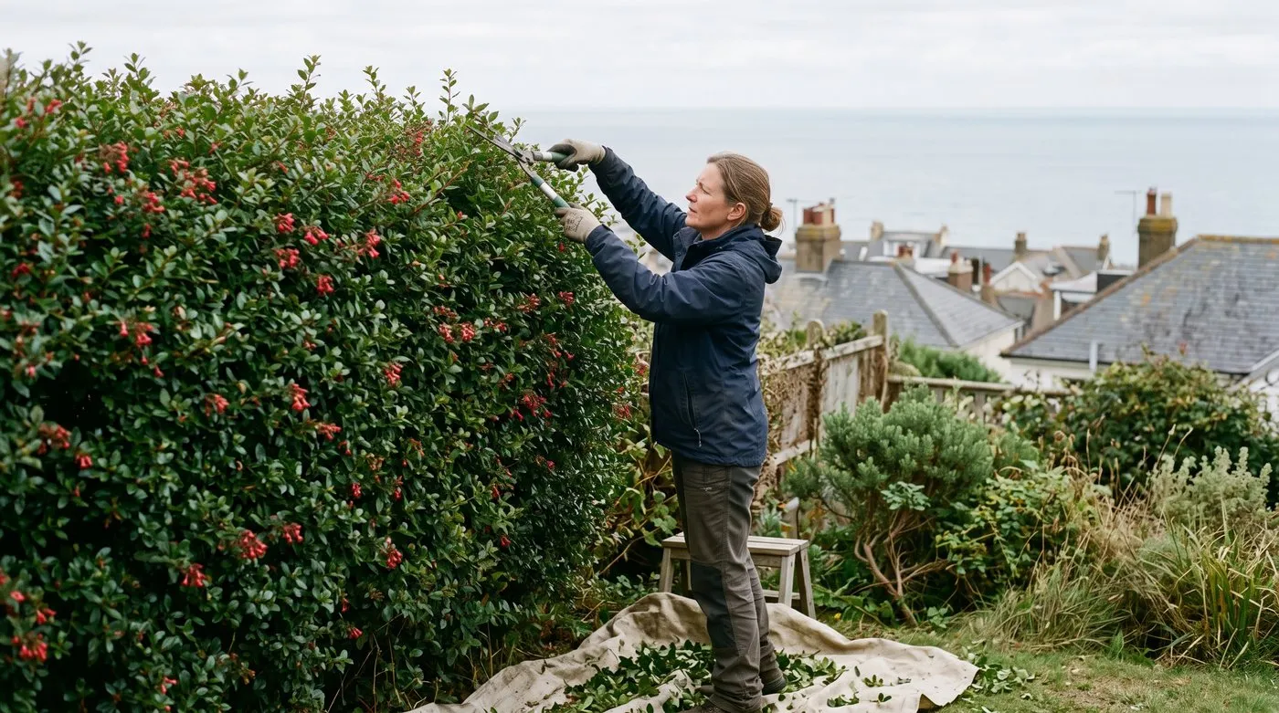 Woman trimming an escallonia hedge with shears after flowering in a UK seaside garden