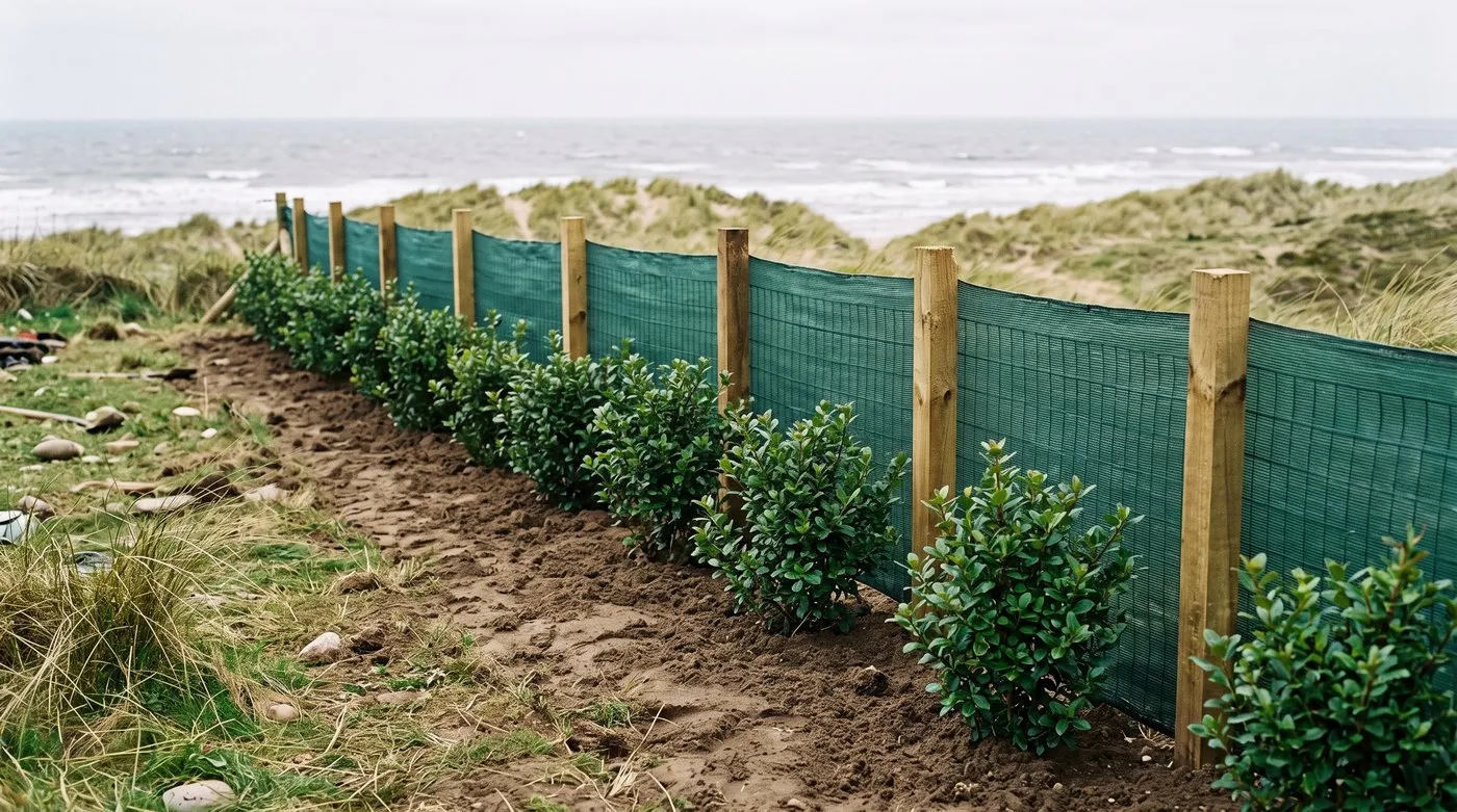 Young escallonia hedge plants sheltered by windbreak netting on stakes in a small UK seaside garden