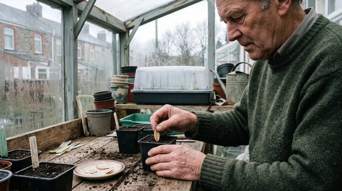 Gardener pushing flat cobaea seeds upright on their edges into small pots of seed compost