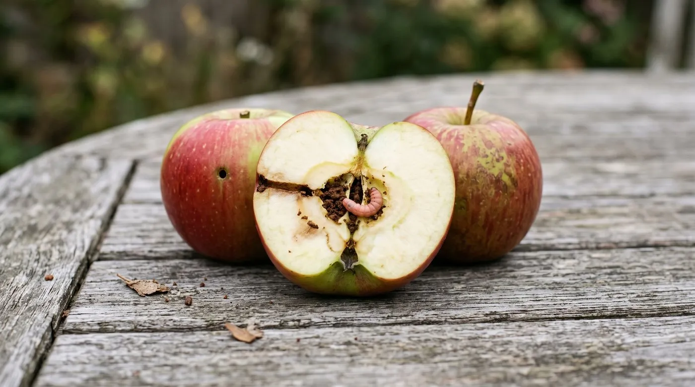 Apple cut in half showing codling moth tunnel, brown droppings in the core and a pinkish caterpillar