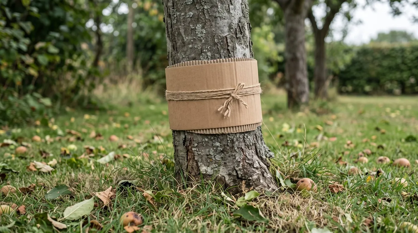 Corrugated cardboard band tied around an apple tree trunk to trap codling moth caterpillars