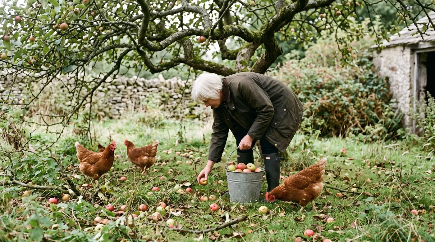 Older woman gathering fallen apples into a bucket under an apple tree while hens scratch nearby