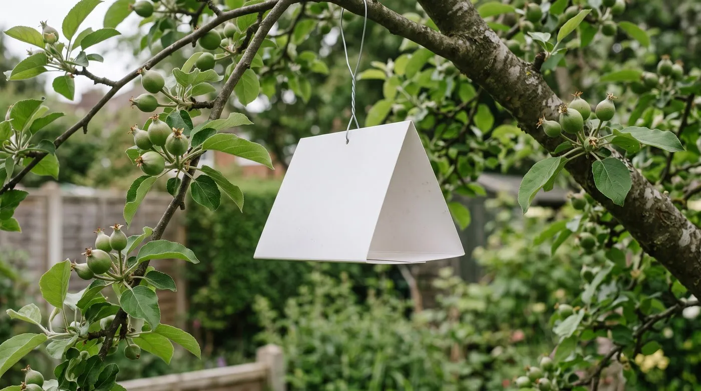 Plain tent-shaped codling moth pheromone trap hanging among young apples in a UK garden tree