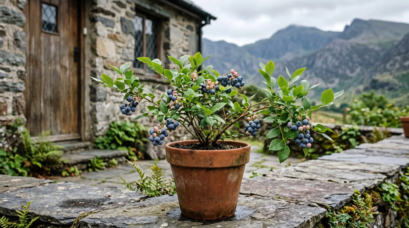 A blueberry plant in a pot of dark ericaceous compost on a Welsh cottage patio, ripening fruit and healthy leaves