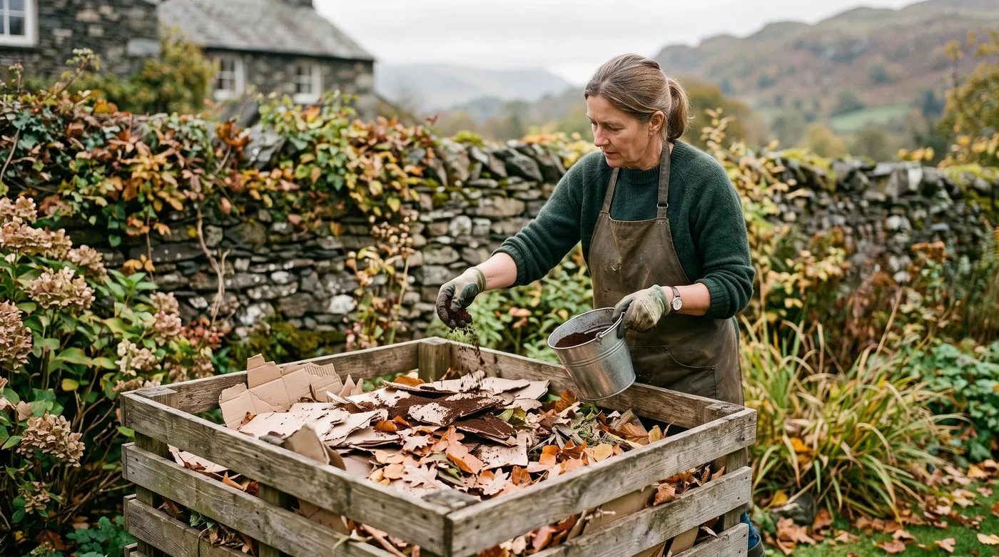 Gardener adding a caddy of coffee grounds to a compost heap layered with cardboard and leaves in a suburban garden