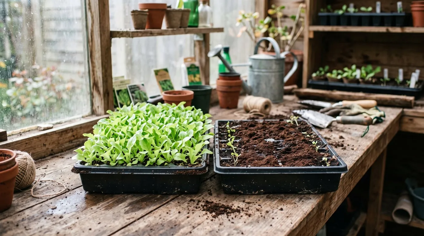 Two side-by-side seed trays, one sown bare and one topped with coffee grounds, showing far fewer seedlings in the grounds tray