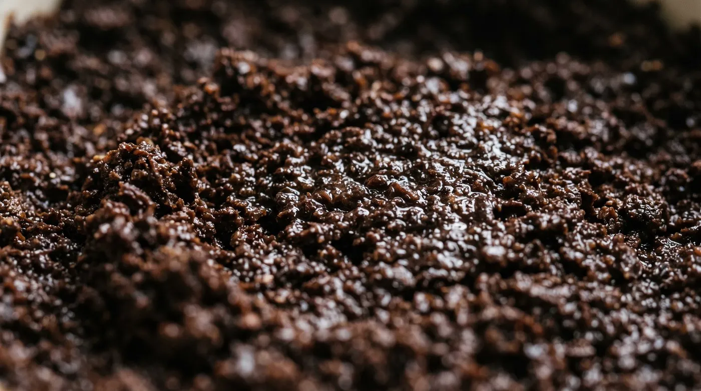 Macro close-up of damp spent coffee grounds showing the fine dark particle texture