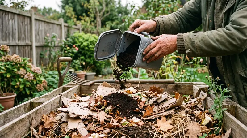 A caddy of spent coffee grounds being tipped onto a compost heap in a UK back garden