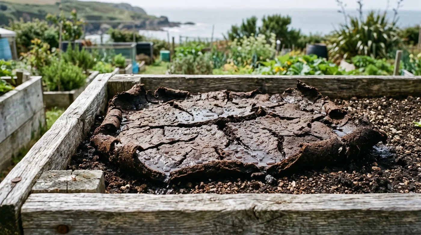 A dried crust of matted coffee grounds on top of soil in a raised bed, cracked and shedding water