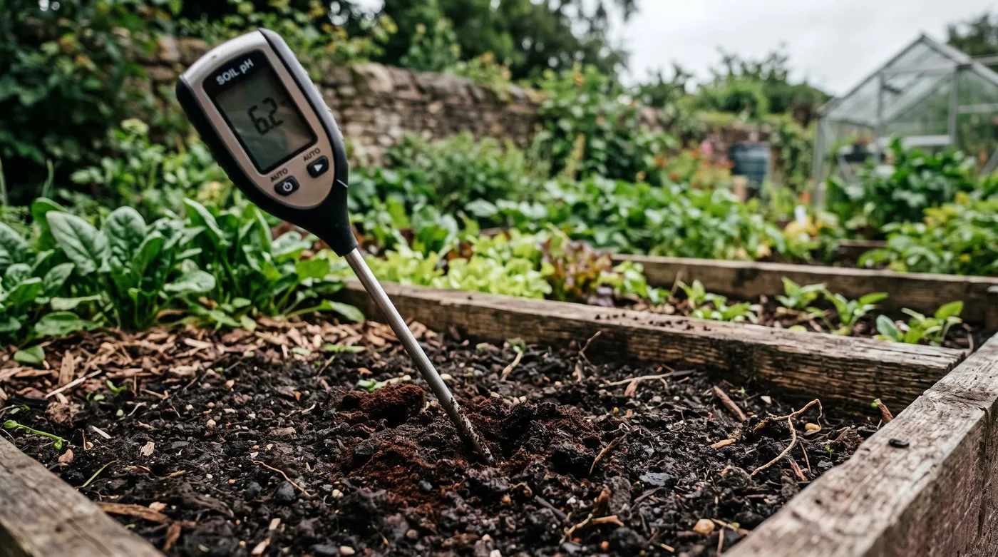 Testing soil pH with a digital meter in a British garden