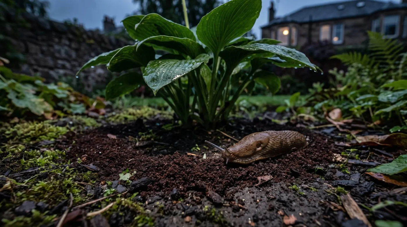 A slug crossing a ring of coffee grounds spread around a hosta in a damp shady UK border at dusk