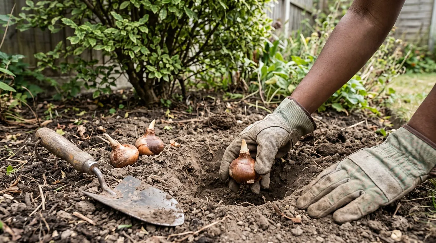 Gloved hands planting a colchicum corm pointed end up in a planting hole in summer
