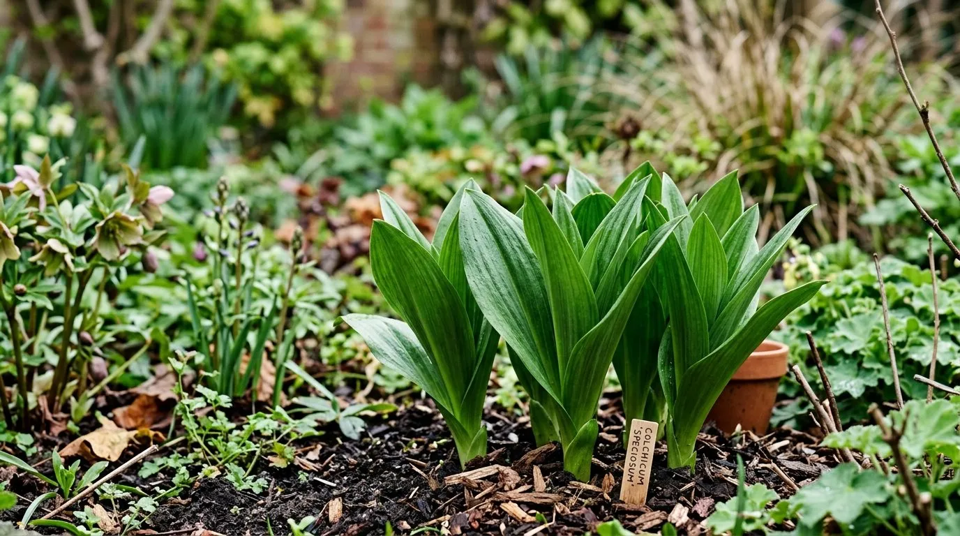 Large strap-shaped colchicum leaves emerging in April in a UK garden border showing the surprising spring foliage