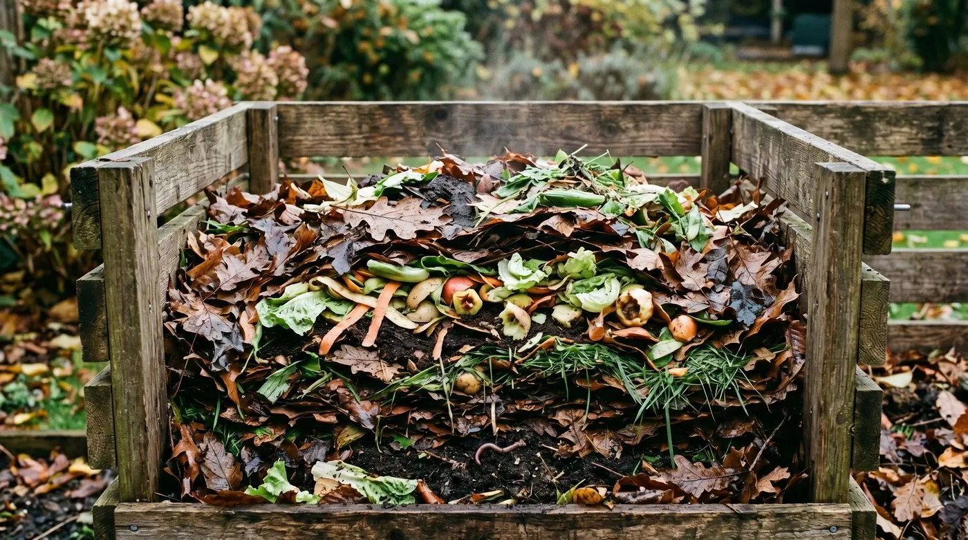 Close-up of a cold compost pile in a UK garden showing visible layers of brown autumn leaves alternating with green kitchen waste in a wooden bay